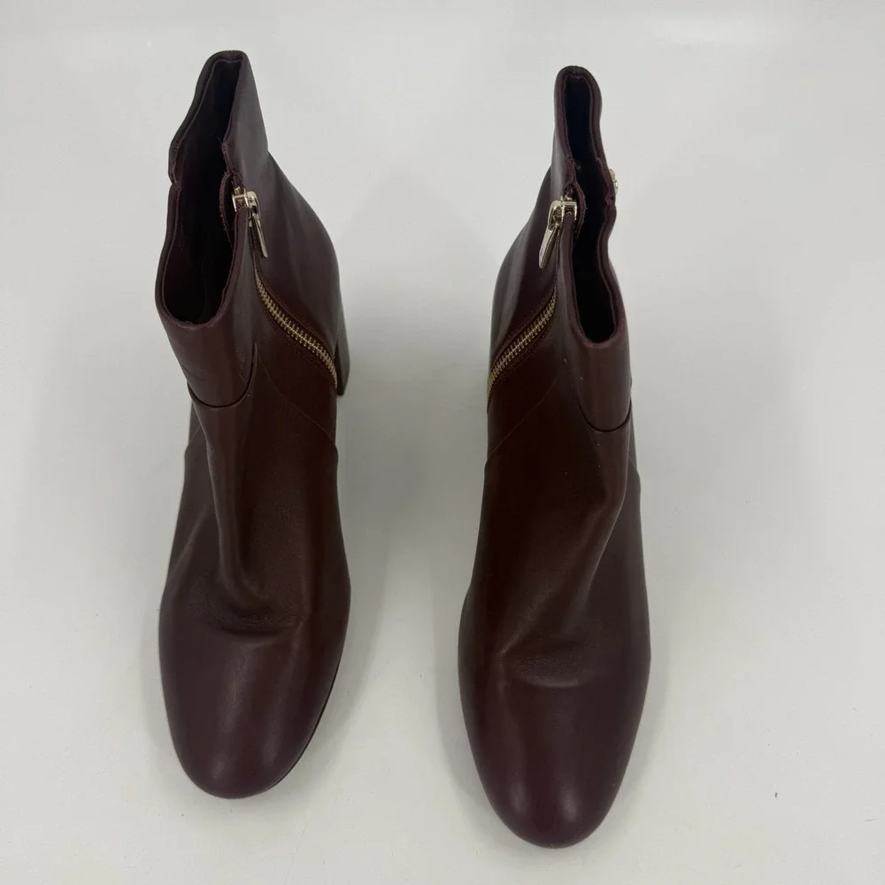 Taryn Rose Camille Leather Ankle Booties Burgundy Block Heel Side Zip Womens 9.5
